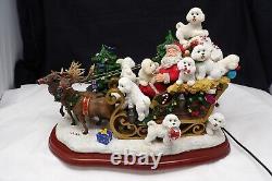 RARE Danbury Mint Lighted Bichon Frise Christmas Santa & Reindeer Sleigh