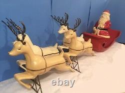 RARE HTF Vtg 1960's Santa Sleigh 4 Reindeer Lighted Hard PLastic Blow Mold Union