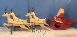 RARE HTF Vtg 1960's Santa Sleigh 4 Reindeer Lighted Hard PLastic Blow Mold Union