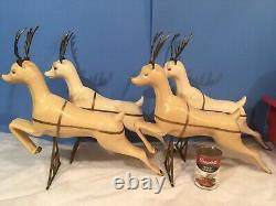 RARE HTF Vtg 1960's Santa Sleigh 4 Reindeer Lighted Hard PLastic Blow Mold Union