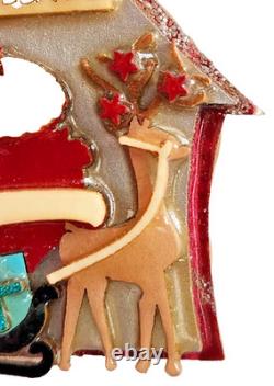 RARE Lucinda Christmas PIN SANTA Sleigh REINDEER Village House Brooch