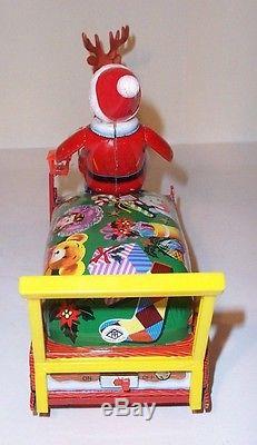 RARE MIB 1950s SANTA CLAUS ON REINDEER SLEIGH BATTERY OPERATED TIN LITHO MINT