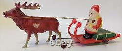 RARE Pre-WWII Wind-up Celluloid Santa with Sleigh & Reindeer