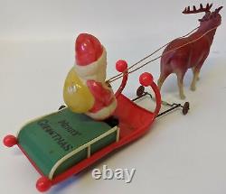 RARE Pre-WWII Wind-up Celluloid Santa with Sleigh & Reindeer