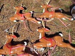 RARE VTG Reindeer Blow Mold Lot With Waving Santa Claus Sleigh 4 deer