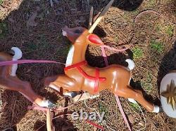 RARE VTG Reindeer Blow Mold Lot With Waving Santa Claus Sleigh 4 deer