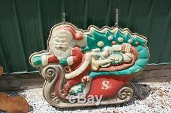 RARE Vintage Commercial Hanging Santa Claus Sleigh Reindeer 50's Blow Mold