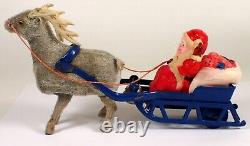 RARE Vtg 1950s Occupied Japan Celluloid Santa Fuzzy Reindeer Blue Tin Sleigh Toy