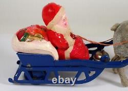 RARE Vtg 1950s Occupied Japan Celluloid Santa Fuzzy Reindeer Blue Tin Sleigh Toy