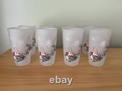 RARE Vtg 5 Set 8 Christmas Glass Tumbler, Rudolph Reindeer Santa Flying Sleigh
