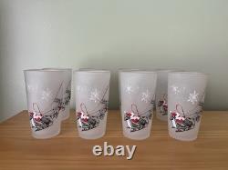 RARE Vtg 5 Set 8 Christmas Glass Tumbler, Rudolph Reindeer Santa Flying Sleigh