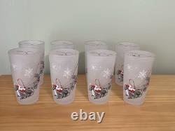 RARE Vtg 5 Set 8 Christmas Glass Tumbler, Rudolph Reindeer Santa Flying Sleigh