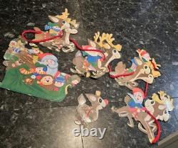 RARE Vtg 70's Santa Sleigh Flocked Reindeer Rudolph Elves Die Cut Christmas 6 Ft