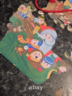 RARE Vtg 70's Santa Sleigh Flocked Reindeer Rudolph Elves Die Cut Christmas 6 Ft