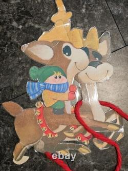 RARE Vtg 70's Santa Sleigh Flocked Reindeer Rudolph Elves Die Cut Christmas 6 Ft