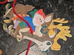 RARE Vtg 70's Santa Sleigh Flocked Reindeer Rudolph Elves Die Cut Christmas 6 Ft
