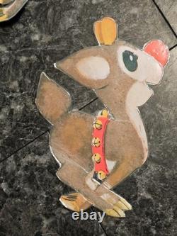 RARE Vtg 70's Santa Sleigh Flocked Reindeer Rudolph Elves Die Cut Christmas 6 Ft