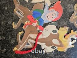 RARE Vtg 70's Santa Sleigh Flocked Reindeer Rudolph Elves Die Cut Christmas 6 Ft