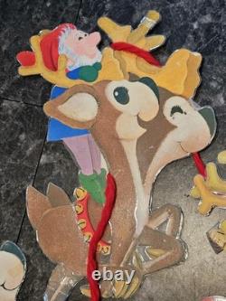 RARE Vtg 70's Santa Sleigh Flocked Reindeer Rudolph Elves Die Cut Christmas 6 Ft