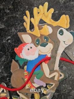 RARE Vtg 70's Santa Sleigh Flocked Reindeer Rudolph Elves Die Cut Christmas 6 Ft