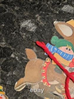 RARE Vtg 70's Santa Sleigh Flocked Reindeer Rudolph Elves Die Cut Christmas 6 Ft