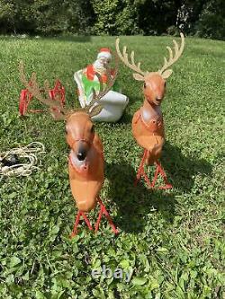 RARE Vtg Poloron Plastic Lighted Blow Mold Santa Sleigh Reindeer READ