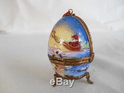 Rochard Limoges France Christmas Santa Egg Trinket Box Reindeer Sleigh Snowman