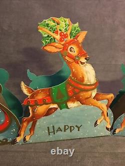 Rare 1940s Happy Christmas Santa's Sleigh Reindeer Paper/Cardboard Display