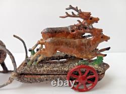 Rare Antique German Santa Sleigh Moving Reindeer Metal Penny Toy