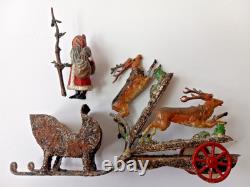 Rare Antique German Santa Sleigh Moving Reindeer Metal Penny Toy