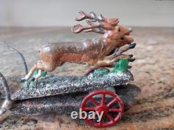Rare Antique German Santa Sleigh Moving Reindeer Metal Penny Toy