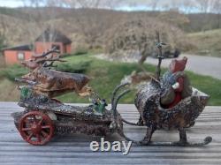 Rare Antique German Santa Sleigh Moving Reindeer Metal Penny Toy