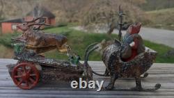 Rare Antique German Santa Sleigh Moving Reindeer Metal Penny Toy