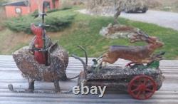 Rare Antique German Santa Sleigh Moving Reindeer Metal Penny Toy
