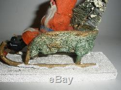 Rare Antique German Santa in Moss Covered Sleigh Lead Reindeer Venetian Dew Base