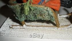 Rare Antique German Santa in Moss Covered Sleigh Lead Reindeer Venetian Dew Base