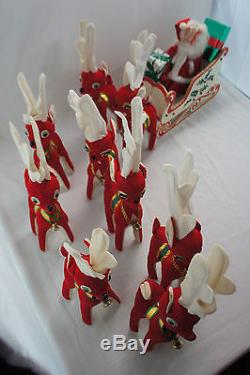 Rare Kamar Red Plush Rudolph & Reindeer & Santa on Sleigh Decoration Made Japan