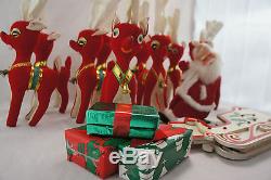 Rare Kamar Red Plush Rudolph & Reindeer & Santa on Sleigh Decoration Made Japan