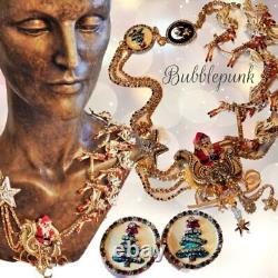 Rare LUNCH AT THE RITZ Christmas Santa Sleigh & Reindeer Necklace & Earrings Set