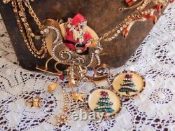 Rare LUNCH AT THE RITZ Christmas Santa Sleigh & Reindeer Necklace & Earrings Set