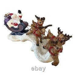 Rare Mold Ceramic Santa Claus Sleigh and 4 Reindeer Christmas 20 Long 8 Wide