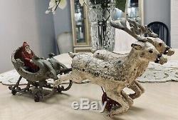 Rare Original 1909 HUBLEY Cast Iron Sleigh with Santa & 2 Reindeer Christmas