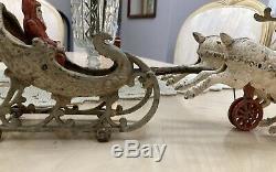 Rare Original 1909 HUBLEY Cast Iron Sleigh with Santa & 2 Reindeer Christmas