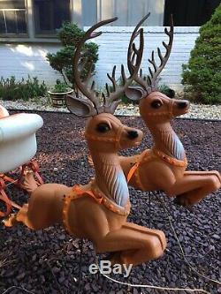 Rare Poloron Blow Mold Santa Sleigh & Reindeer 3 Piece Set Lighted, Antlers
