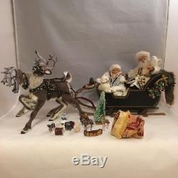 Rare Siane L Douglass 2005 Santa, Reindeer, Sleigh, Doll Fox, And Bag Of Toys