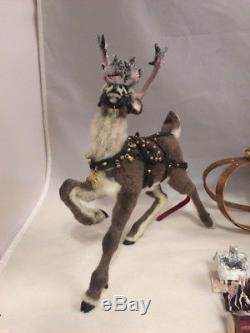 Rare Siane L Douglass 2005 Santa, Reindeer, Sleigh, Doll Fox, And Bag Of Toys