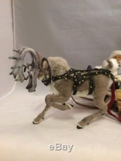 Rare Siane L Douglass 2005 Santa, Reindeer, Sleigh, Doll Fox, And Bag Of Toys