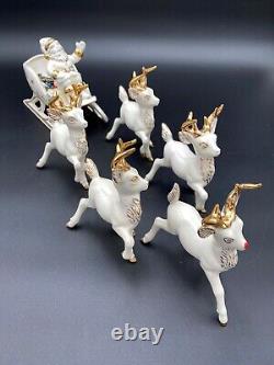 Rare-Vintage 1960 Santa Sleigh and 5 Reindeer, Gold Detail, Hand Made