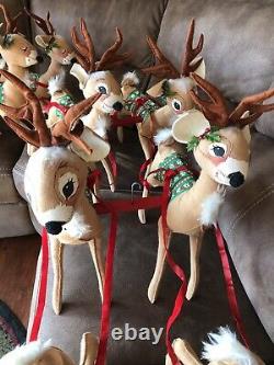 Rare Vintage Annalee 30 velour Santa with 8 18 Reindeer and Sleigh 1987 #6740