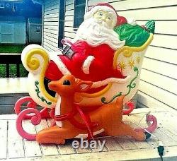 Rare Vintage Grand Venture Santa Sleigh Reindeer Blow Mold Yard Lightup Christma